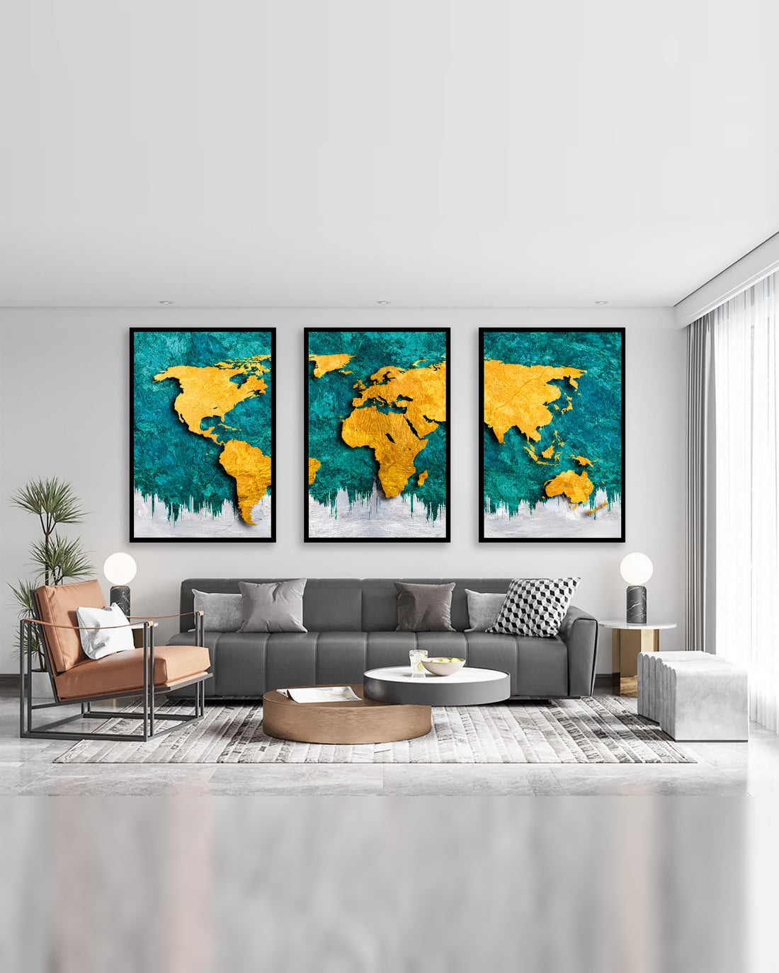 Golden World Map Set of 3 canvas art