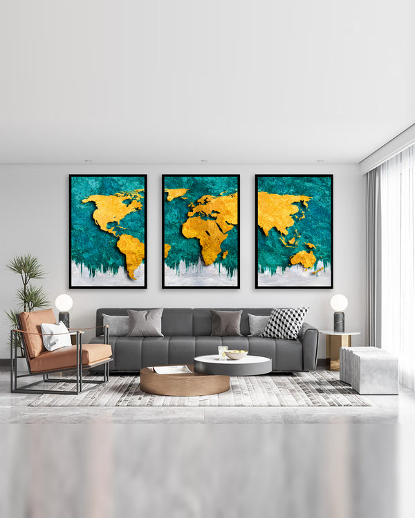 Golden World Map Set of 3 canvas art
